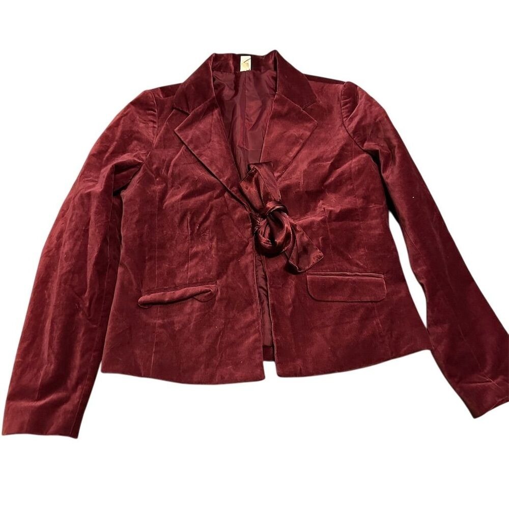Women's Maroon Velvet Blazer S Single-Breasted Satin Bow Formal